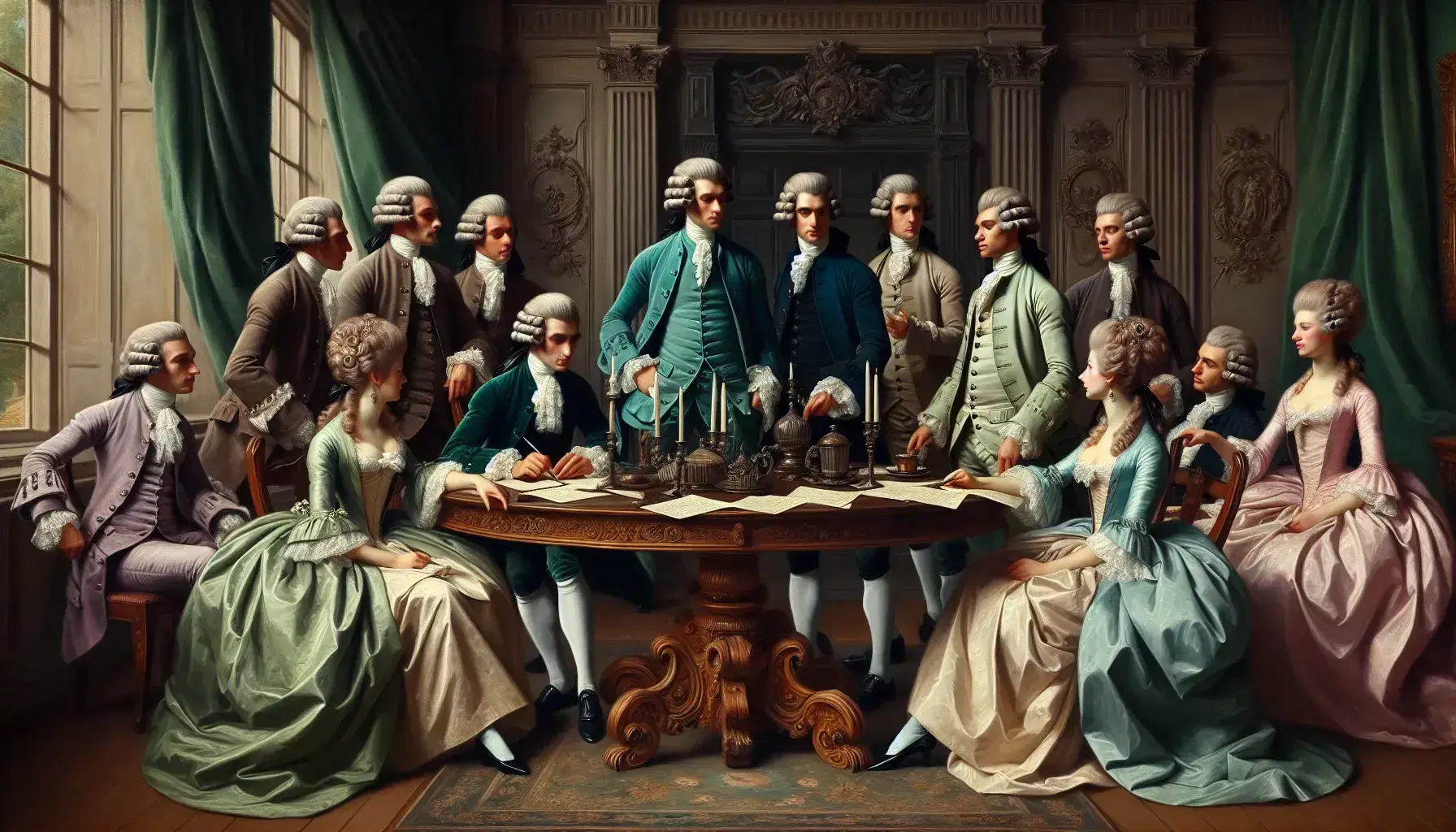 Elegant 18th-century salon with well-dressed men and women discussing literature around a table, ornate bookshelves, and a grand fireplace.