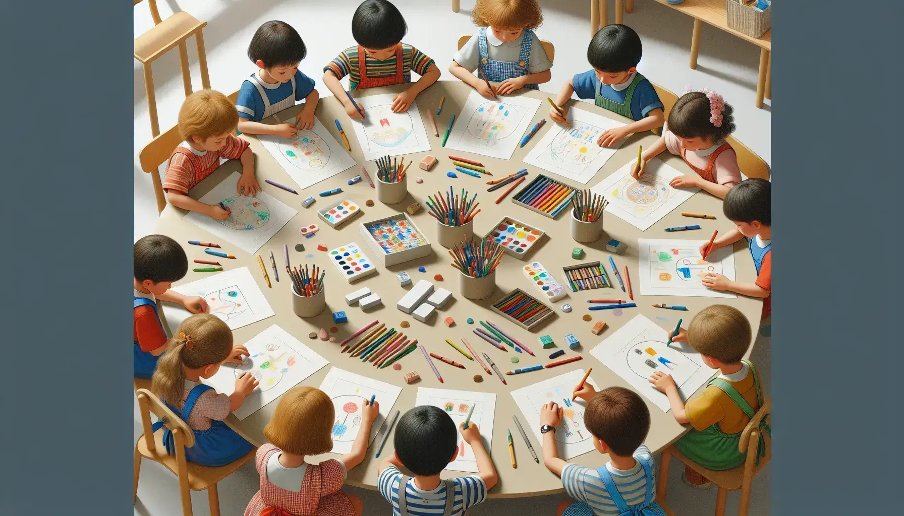 Bambini concentrati in attività di disegno con pastelli colorati, gomme e temperini su tavolo rotondo in ambiente luminoso.