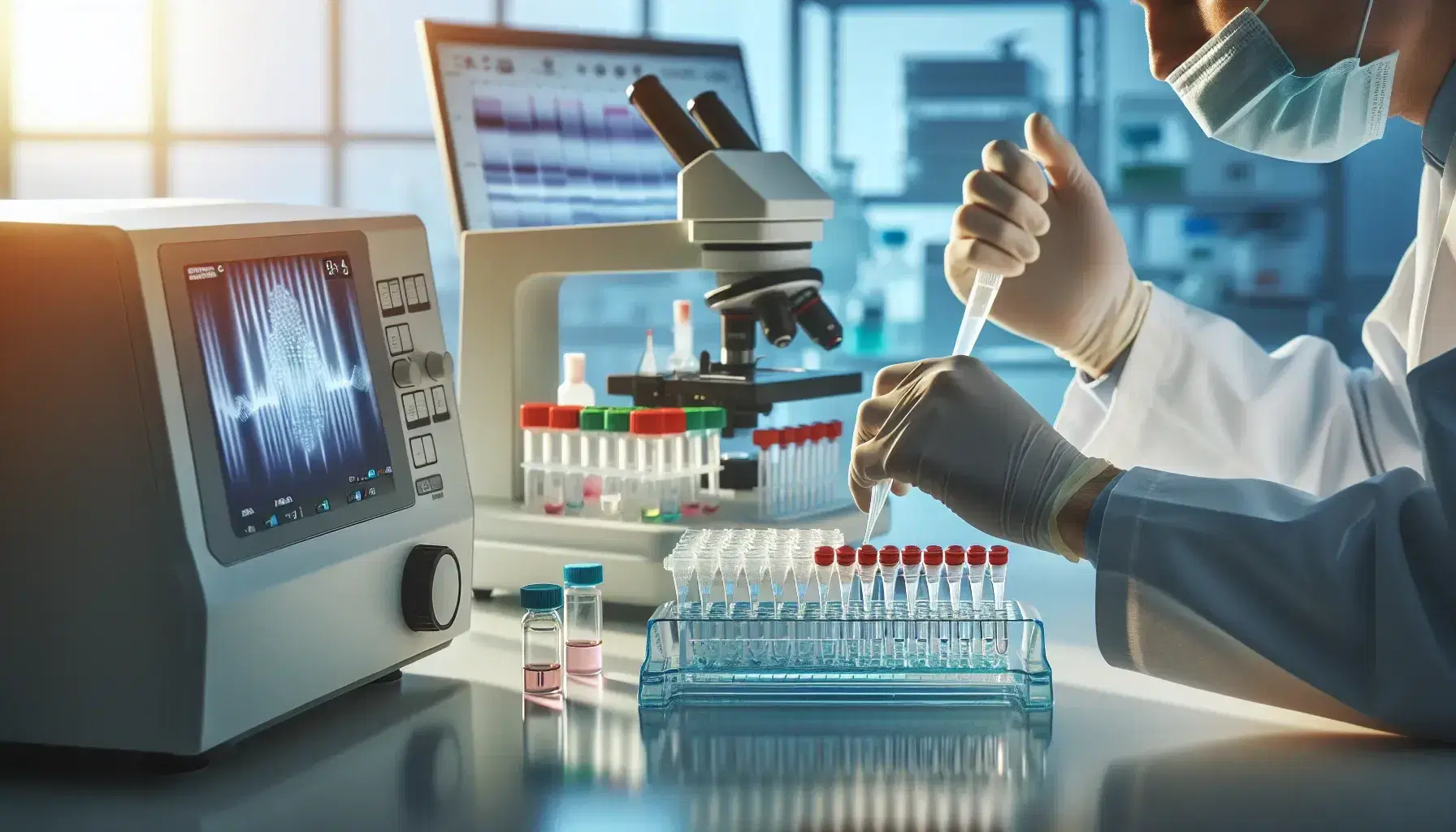 Researcher hands in latex gloves place DNA into gel electrophoresis equipment, with colored test tubes and thermocycler in background.