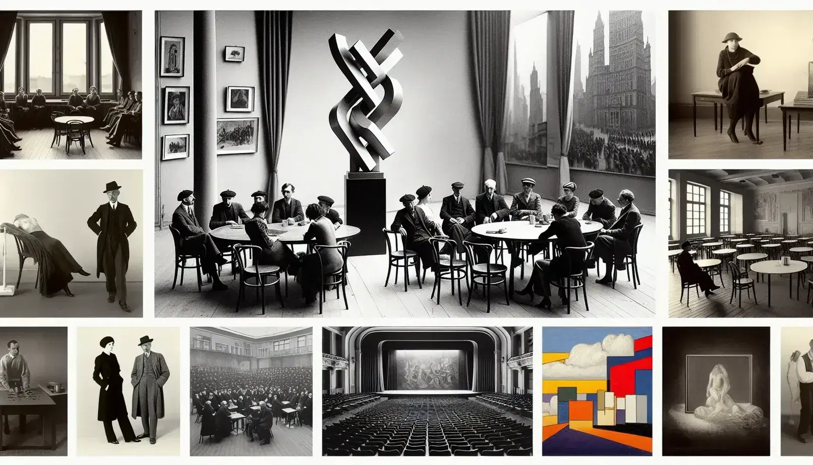 Collage en blanco y negro de momentos del avant-garde del siglo XX con café literario, escultura abstracta, escenario teatral minimalista y pintura expresionista.