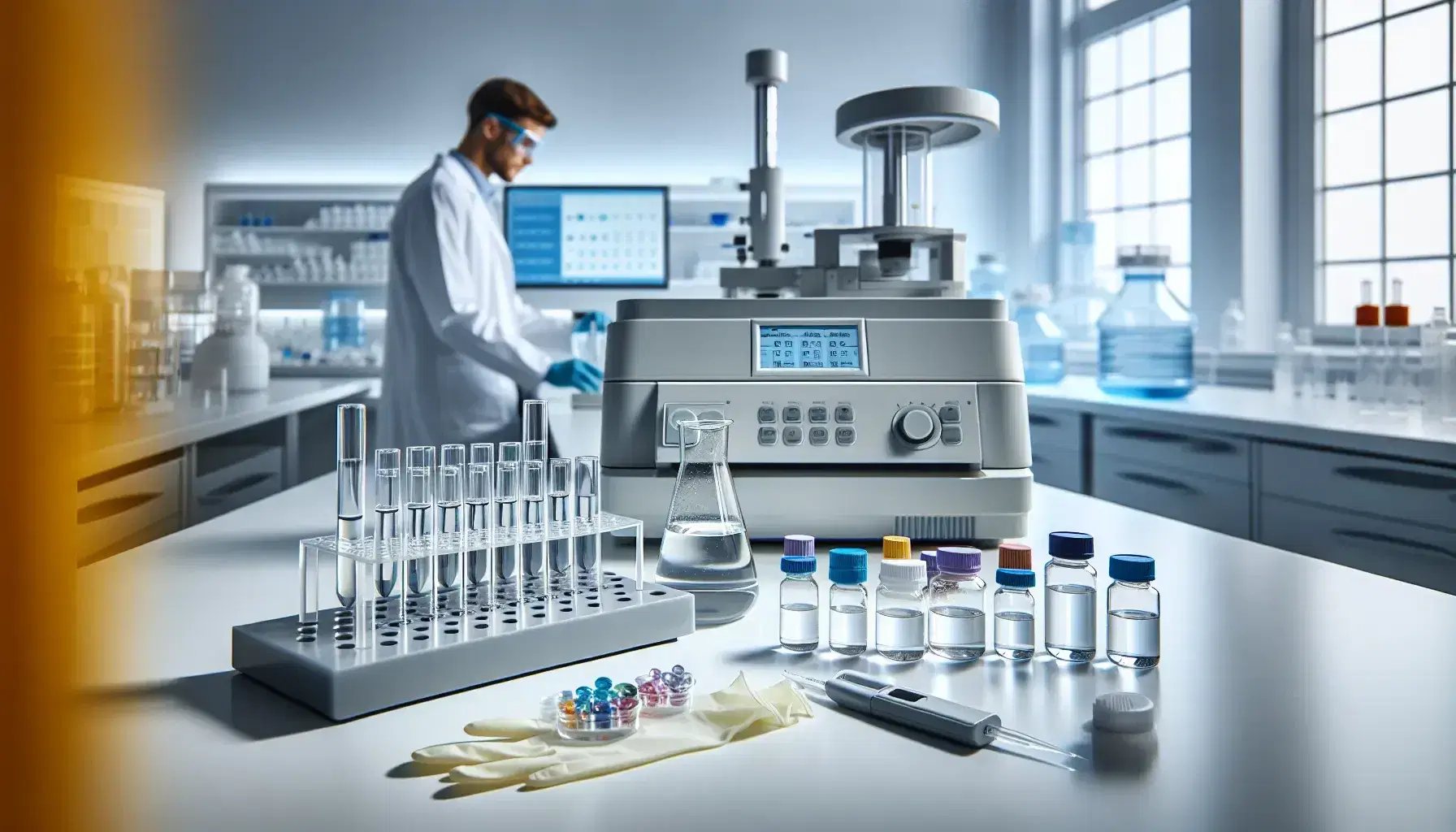 Laboratorio de control de calidad farmacéutico con frascos de muestras de agua, guantes, pipeta y técnico ajustando espectrofotómetro.