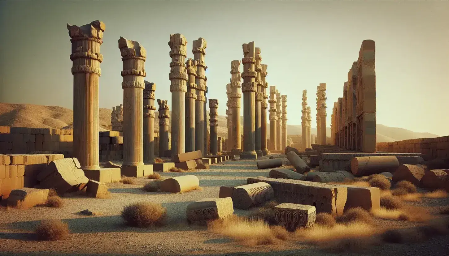 Colonne sabbia di Persepolis al tramonto, con capitelli intatti e cielo azzurro, senza figure umane o animali.