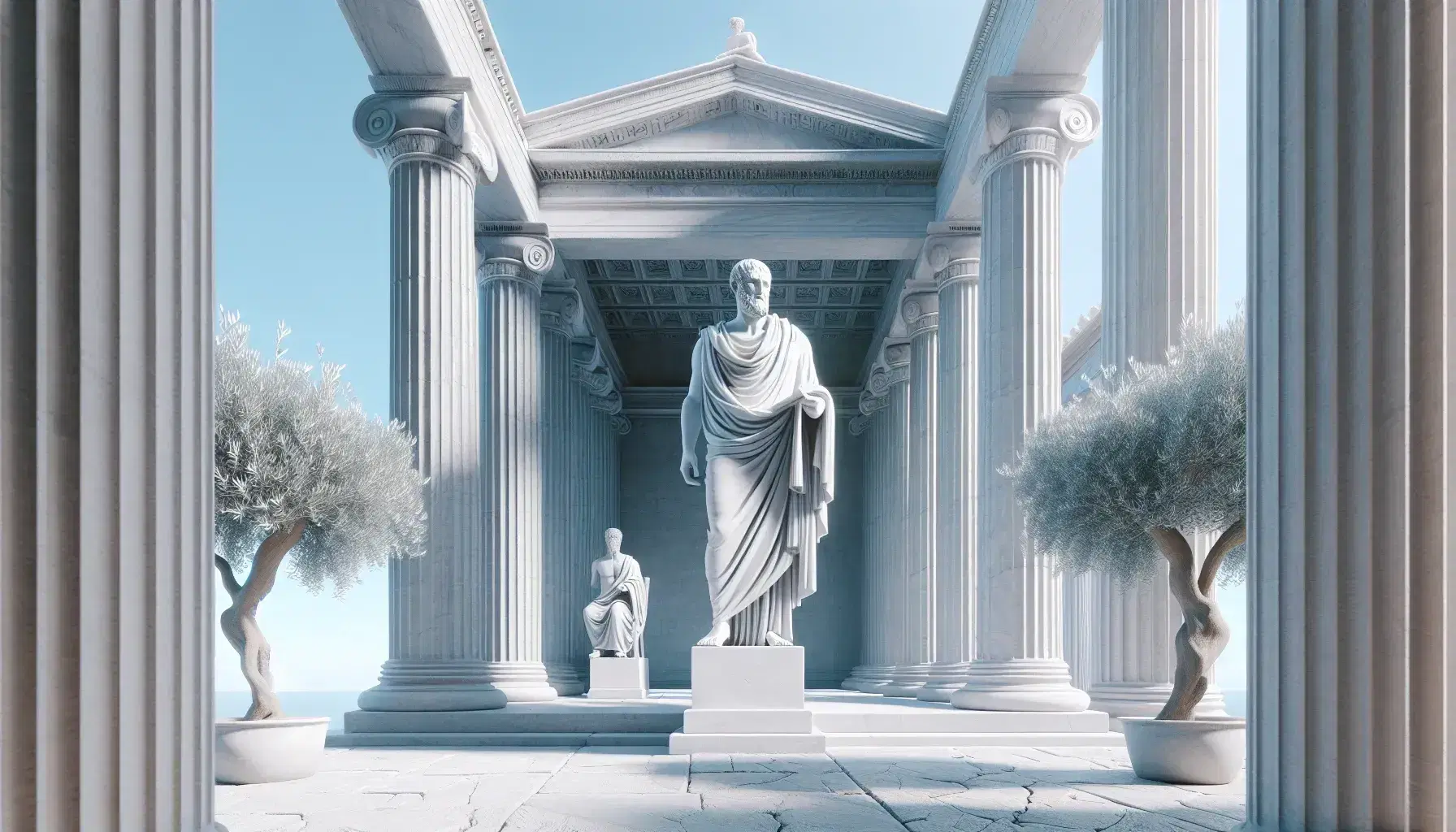 Statua in marmo di Zeno di Cizio, fondatore dello Stoicismo, con pergamena, tra colonne doriche e ulivi sotto cielo sereno.
