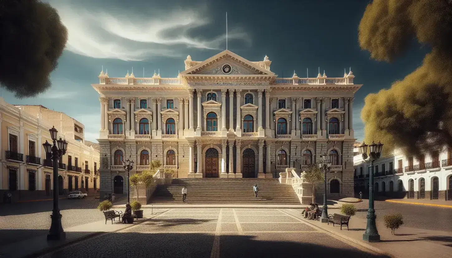 Palacio Quemado in La Paz, Bolivia, with a cream facade and neoclassical design, under a clear blue sky, flanked by green trees and cobblestone square.