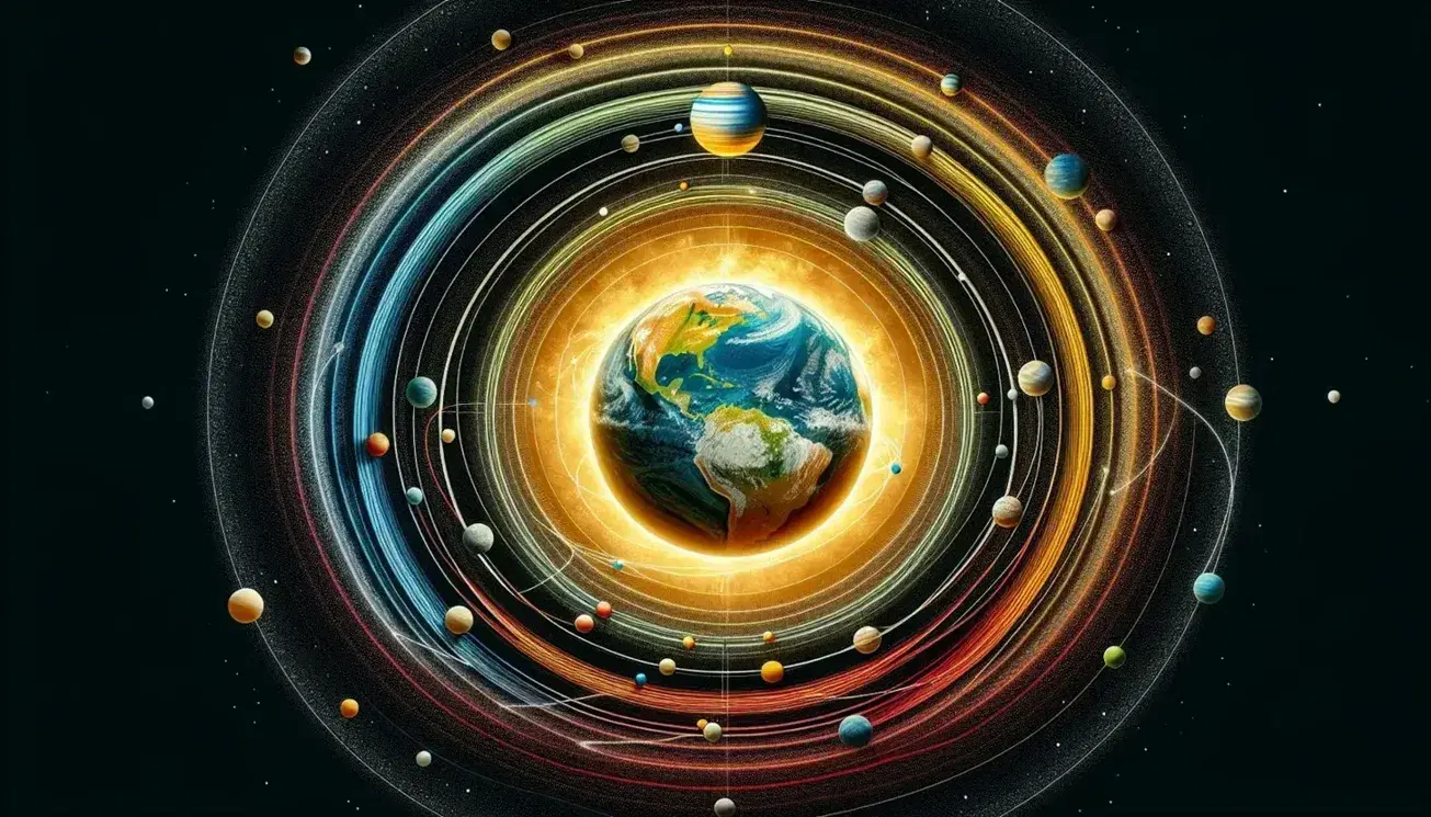 Rappresentazione artistica del sistema solare con il Sole al centro e la Terra in evidenza sulla sua orbita ellittica, circondata da altri pianeti e stelle lontane.