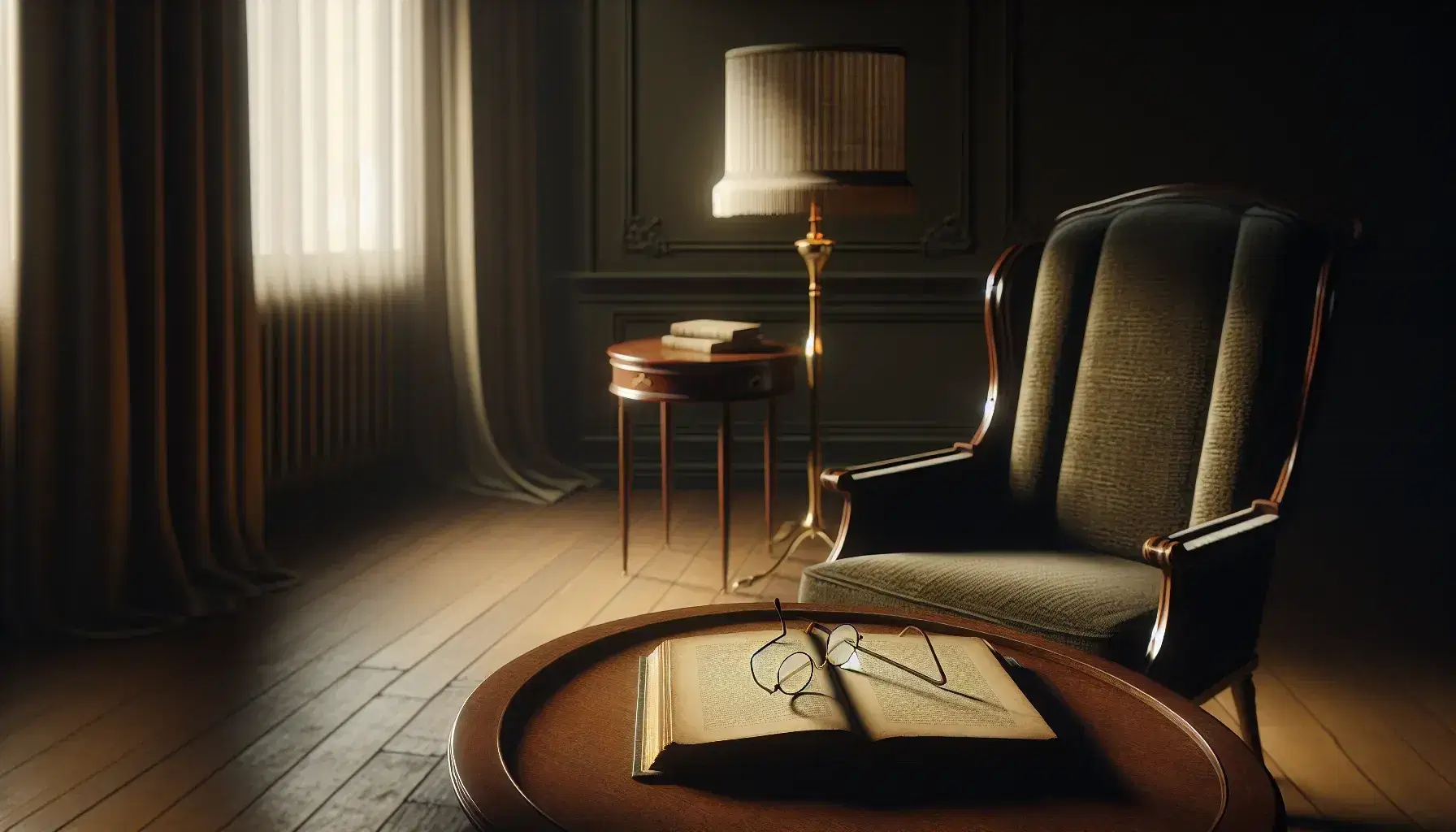 Early 20th-century drawing room with a mahogany table, open book, wire-rimmed glasses, green upholstered chair, brass lamp, and burgundy drapes.