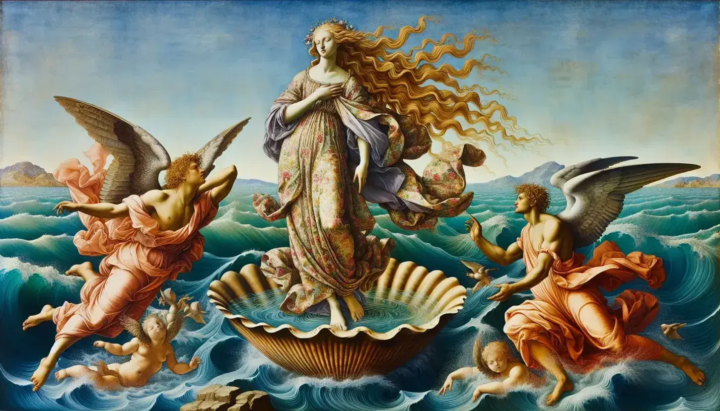 La nascita di Venere di Botticelli, Venere su conchiglia con capelli biondi, affiancata da figure alate e accolte da donne in abiti floreali.