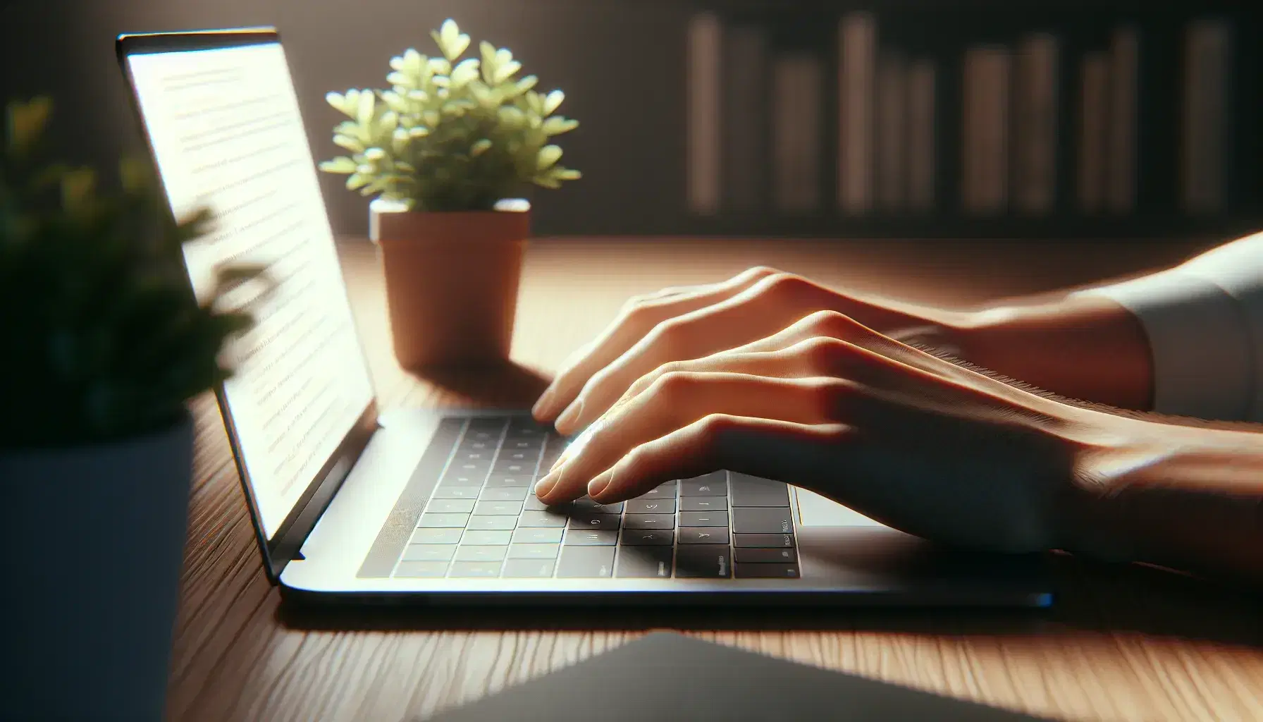 Hands resting on open laptop keyboard with blank screen, ready for programming, on wooden desk with green plant beside.