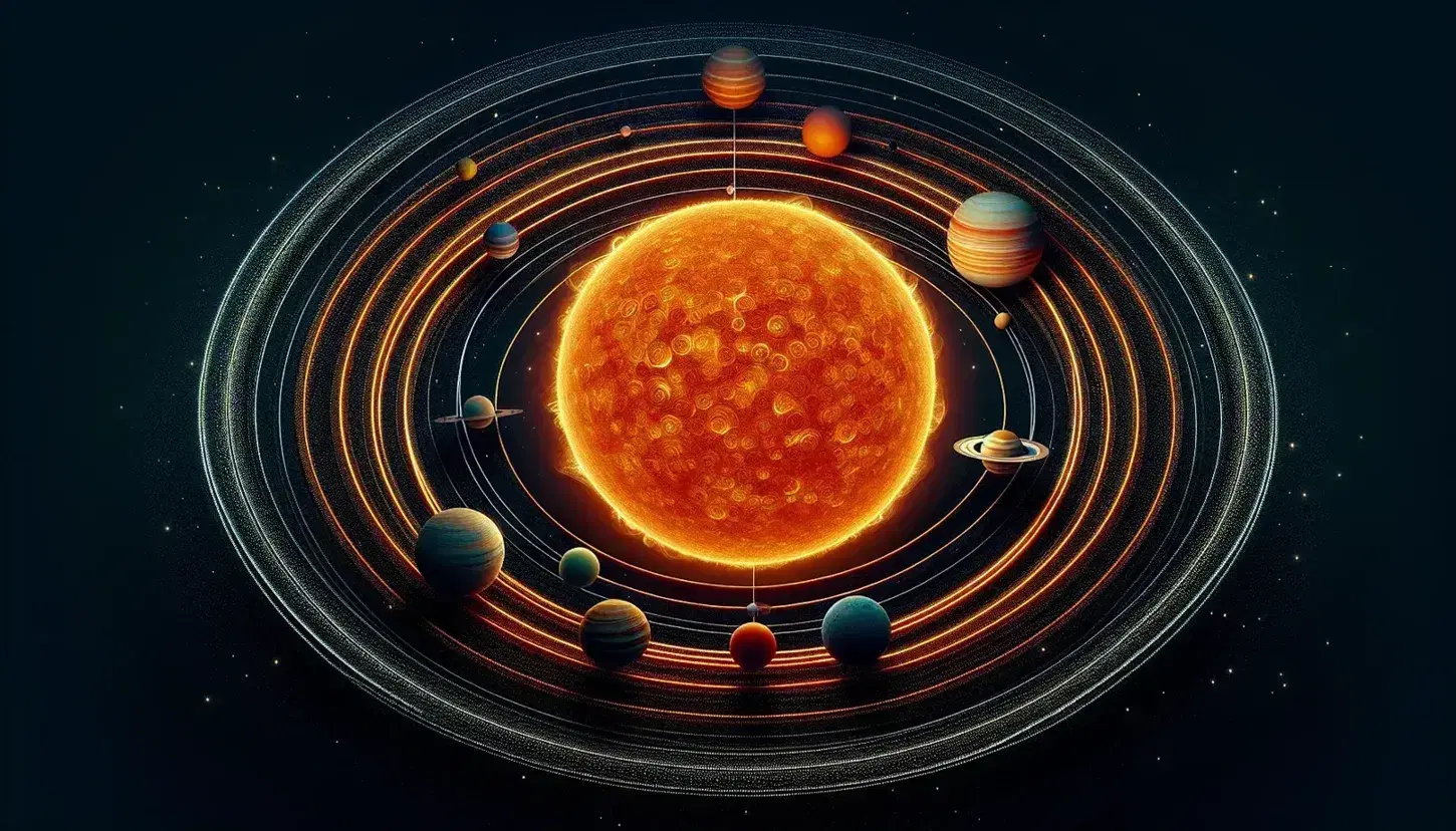 Detailed model of the solar system with the Sun at the center, eight orbiting planets on elliptical paths, set against a starry black background.