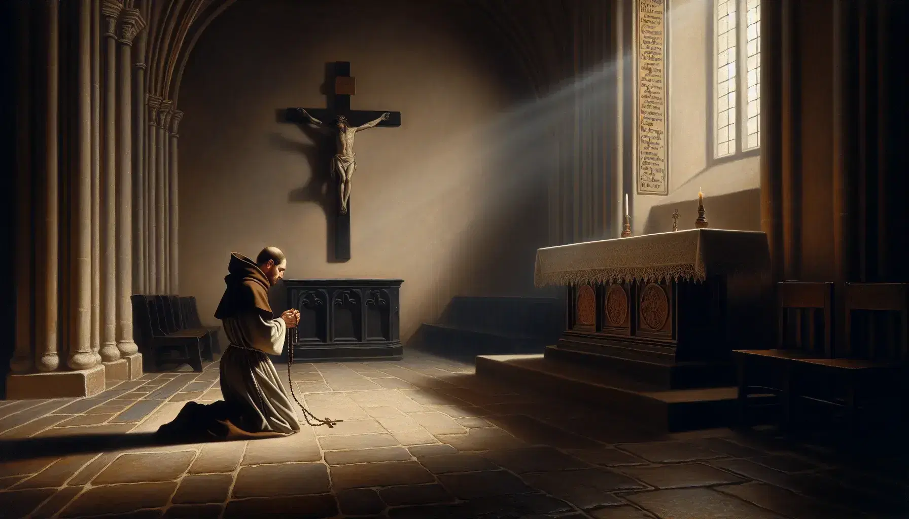 Monaco del XVII secolo in abiti monastici inginocchiato in preghiera davanti a un altare spoglio, con luce che filtra da una finestra gotica.