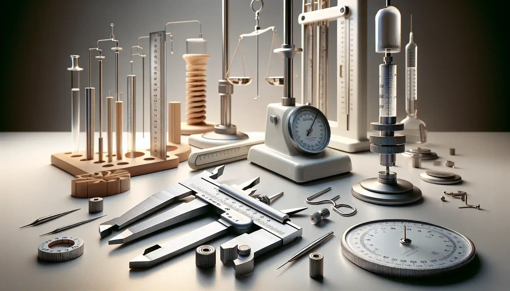 Colección de instrumentos de medición sobre superficie clara incluyendo calibre vernier de acero, micrómetro, metro plegable de madera y balanza analítica de laboratorio con luz difusa.