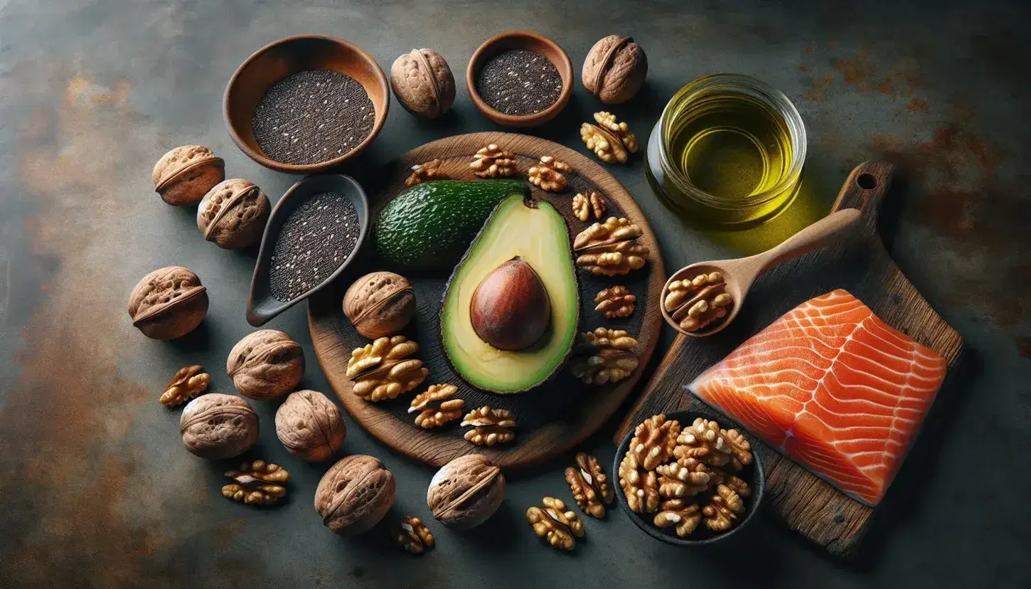 Variedad de alimentos saludables con aguacate, nueces, semillas de chia, filete de salmón y aceite de oliva en superficie de madera.
