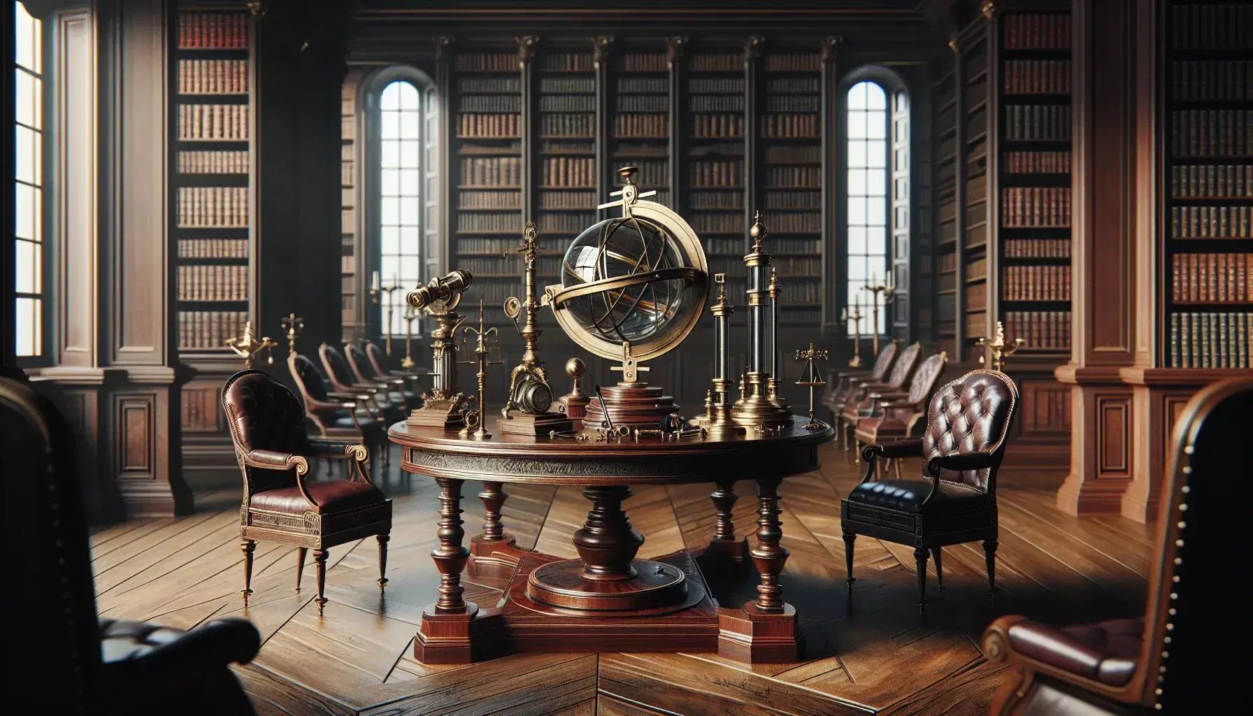 18th-century classical library with a mahogany table displaying a brass sextant, wooden telescope, and glass orb, flanked by leather chairs and bookshelves.