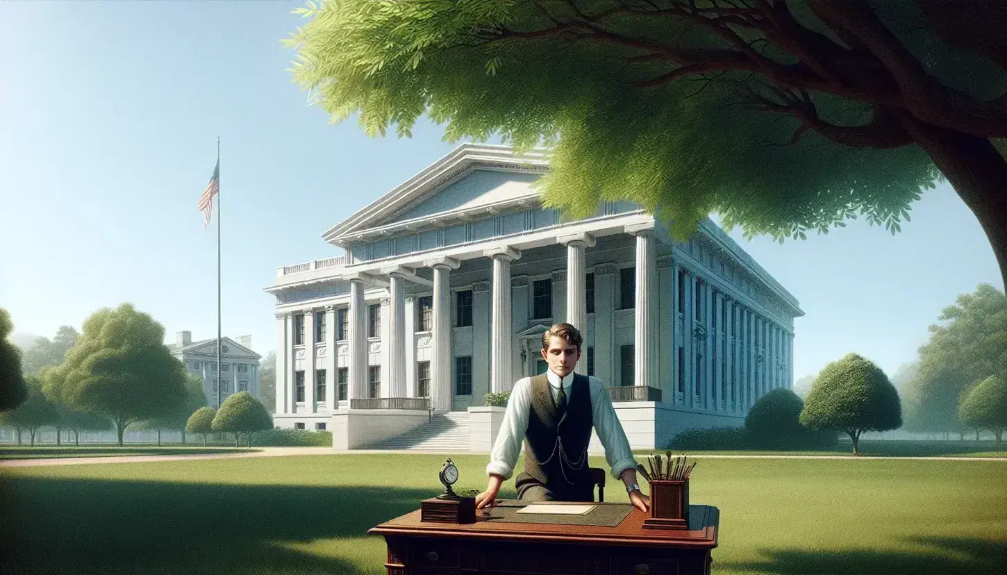 Neoclassical building with white columns and gabled roof, man in 1920s attire at wooden desk, green tree casting shade, under clear blue sky.