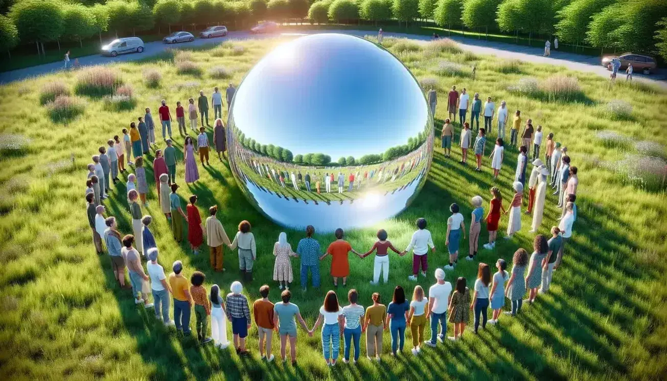 Grupo diverso de personas en círculo alrededor de una esfera de cristal en un parque, reflejando la escena en un día soleado.