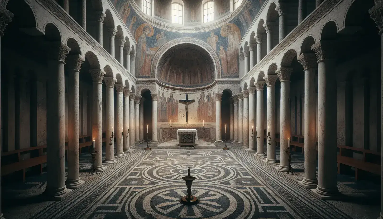 Interno di basilica paleocristiana con colonne marmoree, archi, affreschi sbiaditi, mosaico geometrico, altare in pietra e crocifisso in legno.