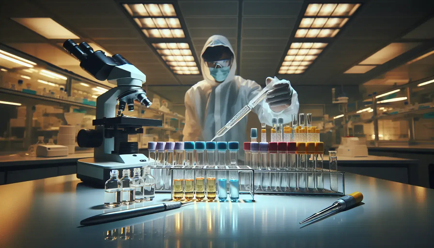 Laboratorio de investigación con tubos de ensayo de colores, microscopio y científico trabajando con pipeta en ambiente estéril y luminoso.