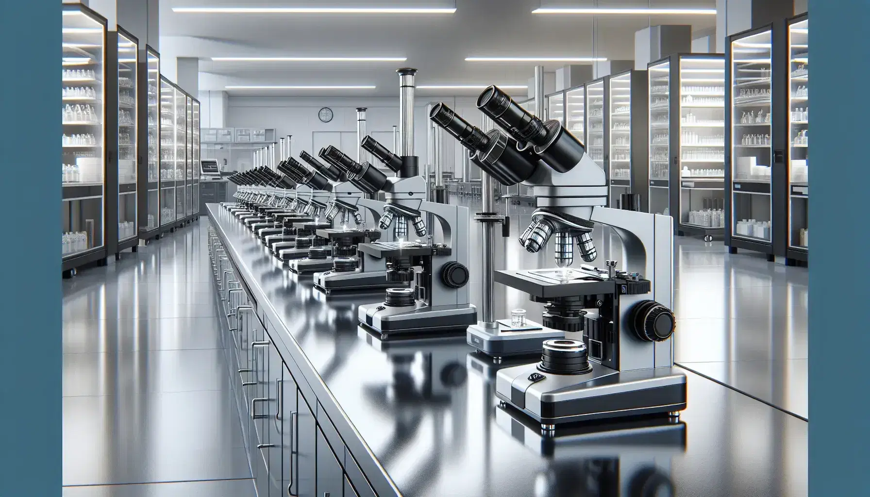 Microscopi ottici allineati su un tavolo di laboratorio con luci soffuse, slide preparate e sfondo di armadietti e strumenti scientifici.