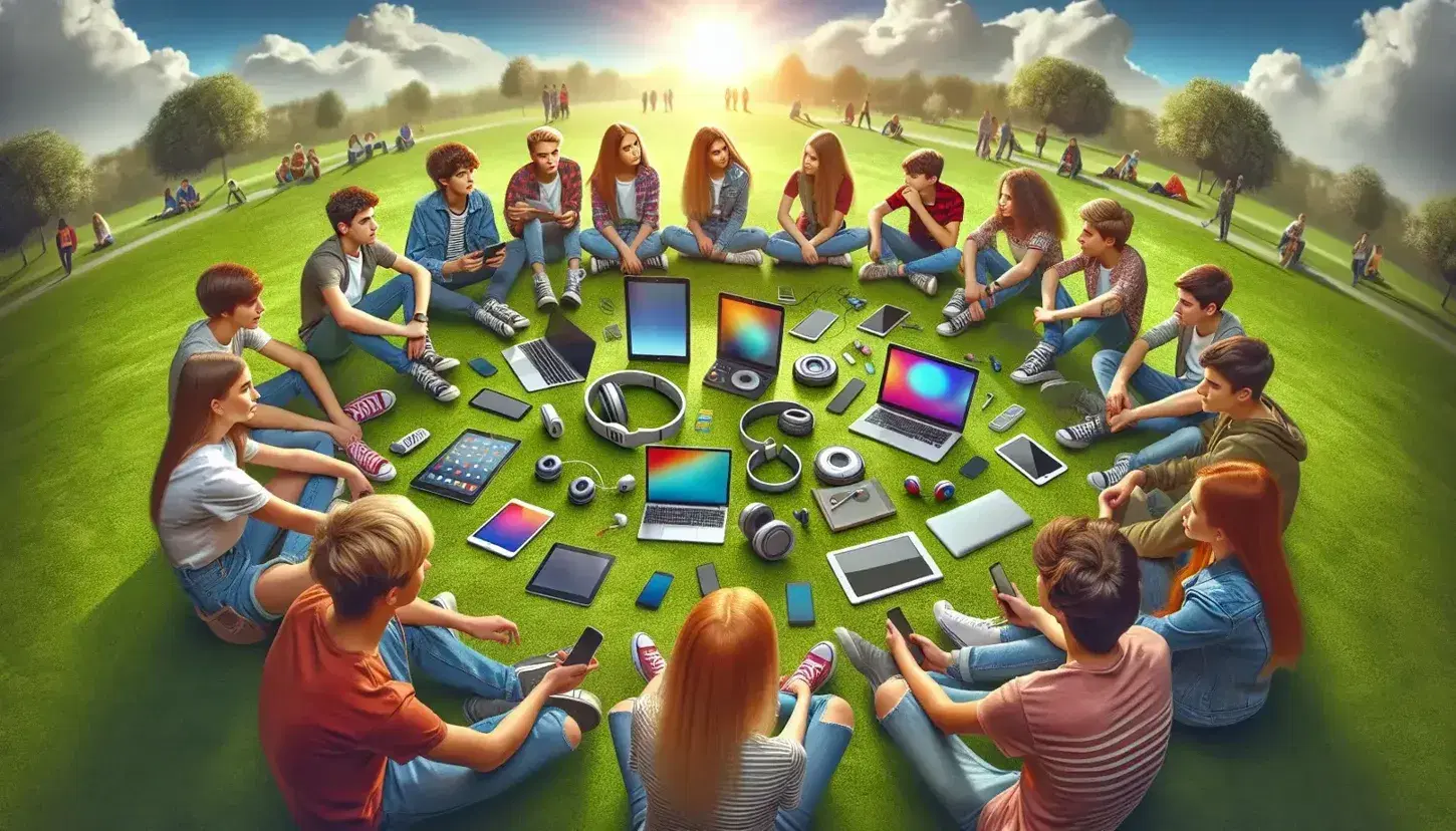 Gruppo di adolescenti seduti in cerchio su prato verde con dispositivi tecnologici al centro, conversano e utilizzano smartphone e laptop.