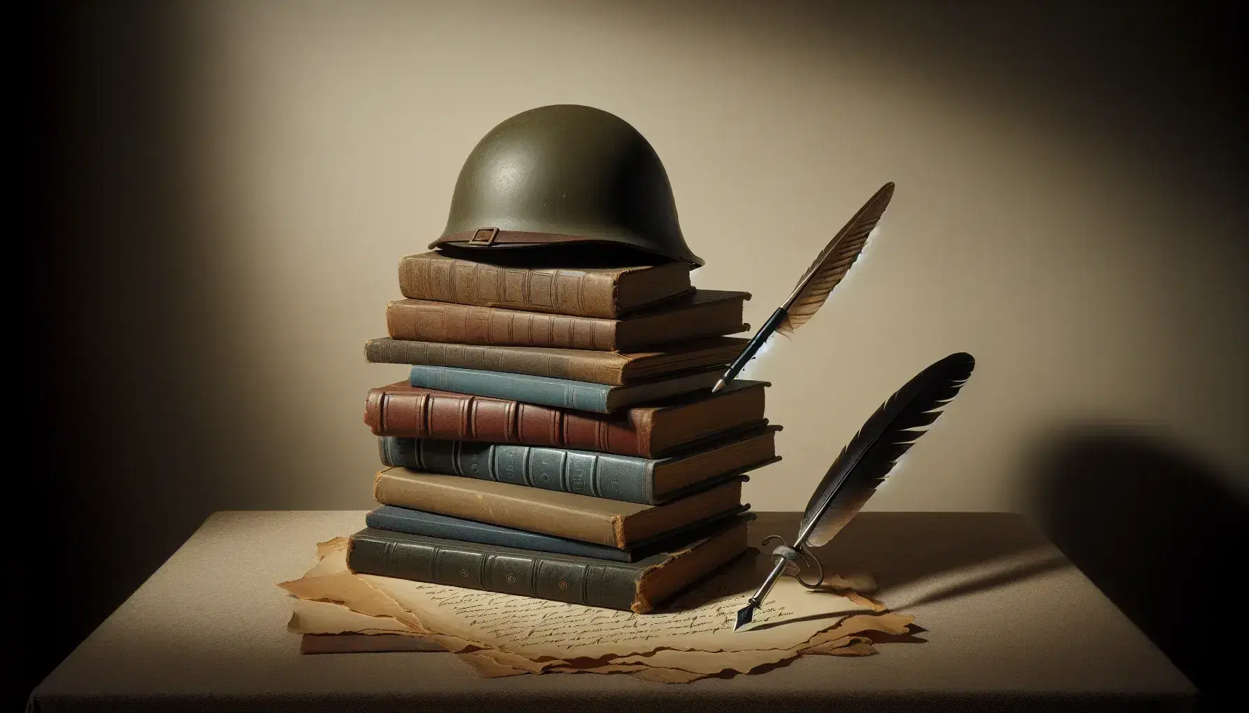Pila di libri antichi con copertine in tonalità di marrone, grigio e blu, elmetto militare verde oliva usurato e penna d'oca su foglio ingiallito.
