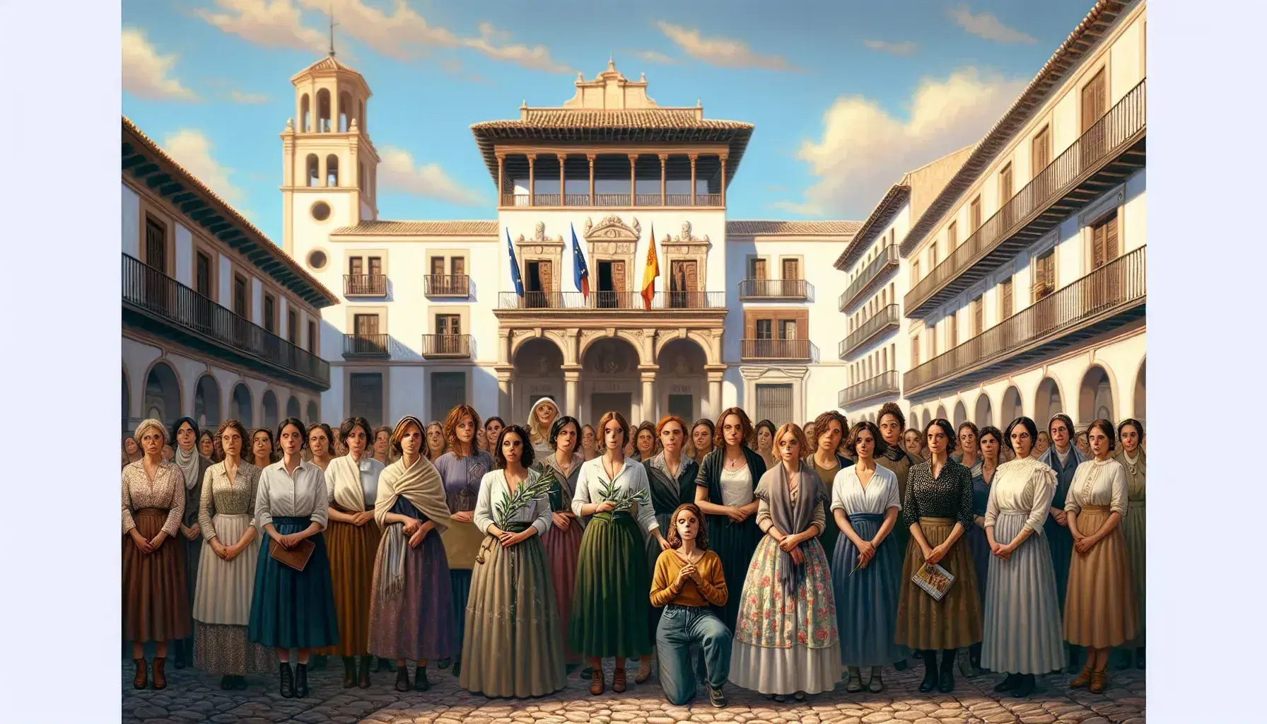 Diverse group of women in Spain, some in traditional dresses, others in modern clothes, stand in a square with historic architecture, under a clear blue sky.