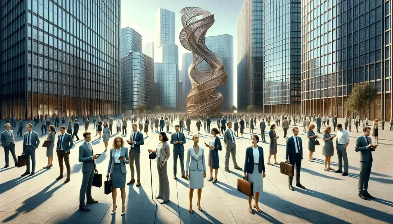 Grupo diverso de personas en plaza urbana con edificios de vidrio y acero y escultura metálica abstracta bajo cielo despejado.