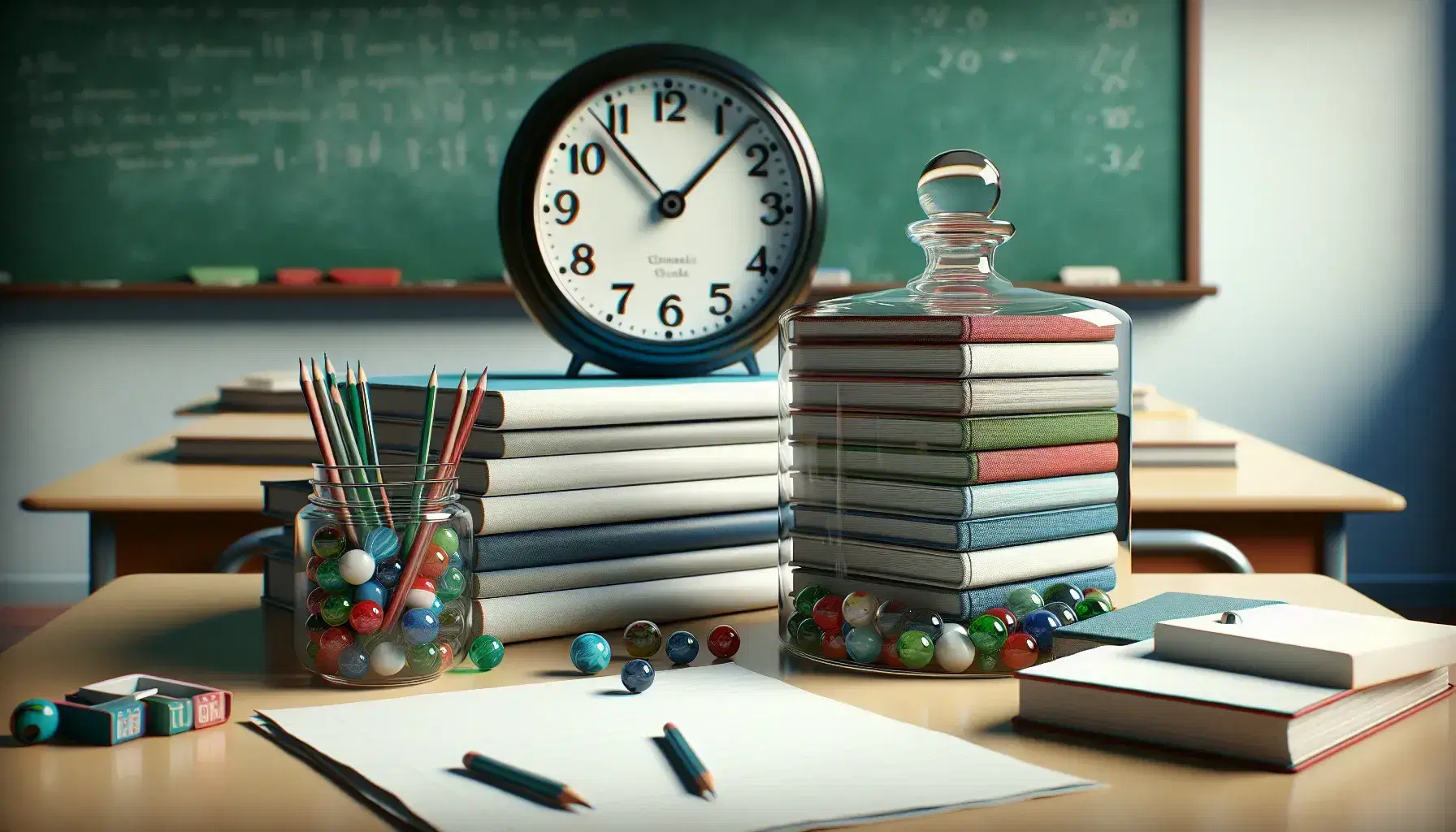 Tidy desk in classroom with jar of colored marbles, white sheets, black clock without numbers and plain cover books on green blackboard background.