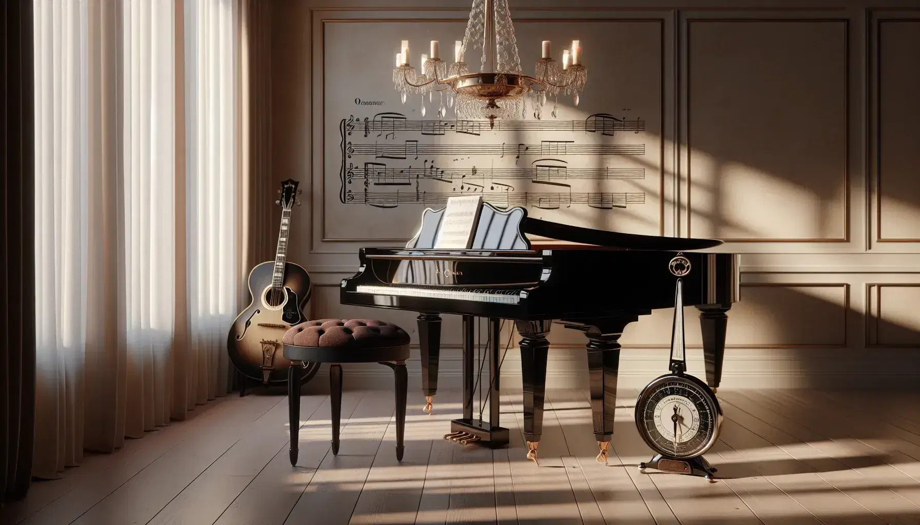 Pianoforte a coda nero lucido in una stanza illuminata naturalmente con metronomo, chitarra classica appesa, candelabro in ottone e poltrona in velluto rosso.