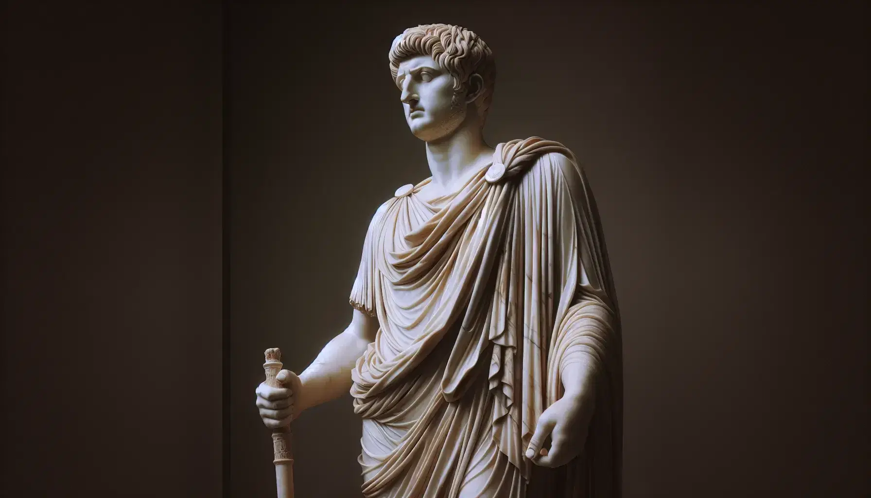 Statua in marmo bianco di imperatore antico in toga con scettro e mano alzata, su base marmorea, colonne corinzie sullo sfondo.