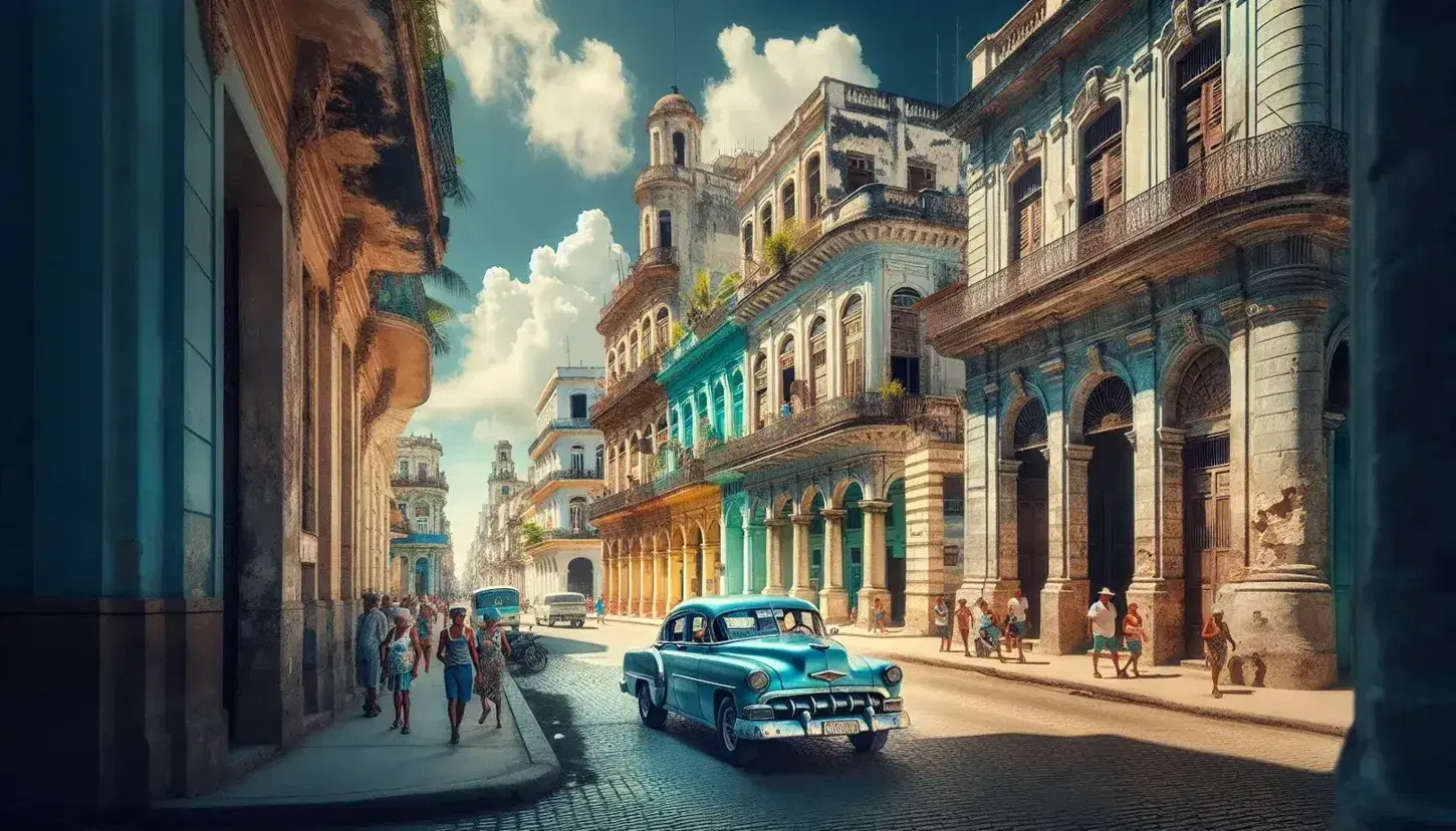 Auto d'epoca azzurra parcheggiata su strada acciottolata a L'Avana, con edifici coloniali colorati e palme sotto un cielo sereno.