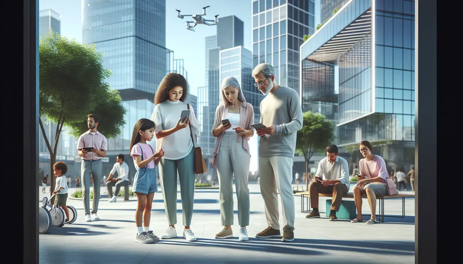 Grupo diverso de personas interactuando con tecnología en un entorno urbano moderno, con edificios de vidrio y acero y cielo despejado.