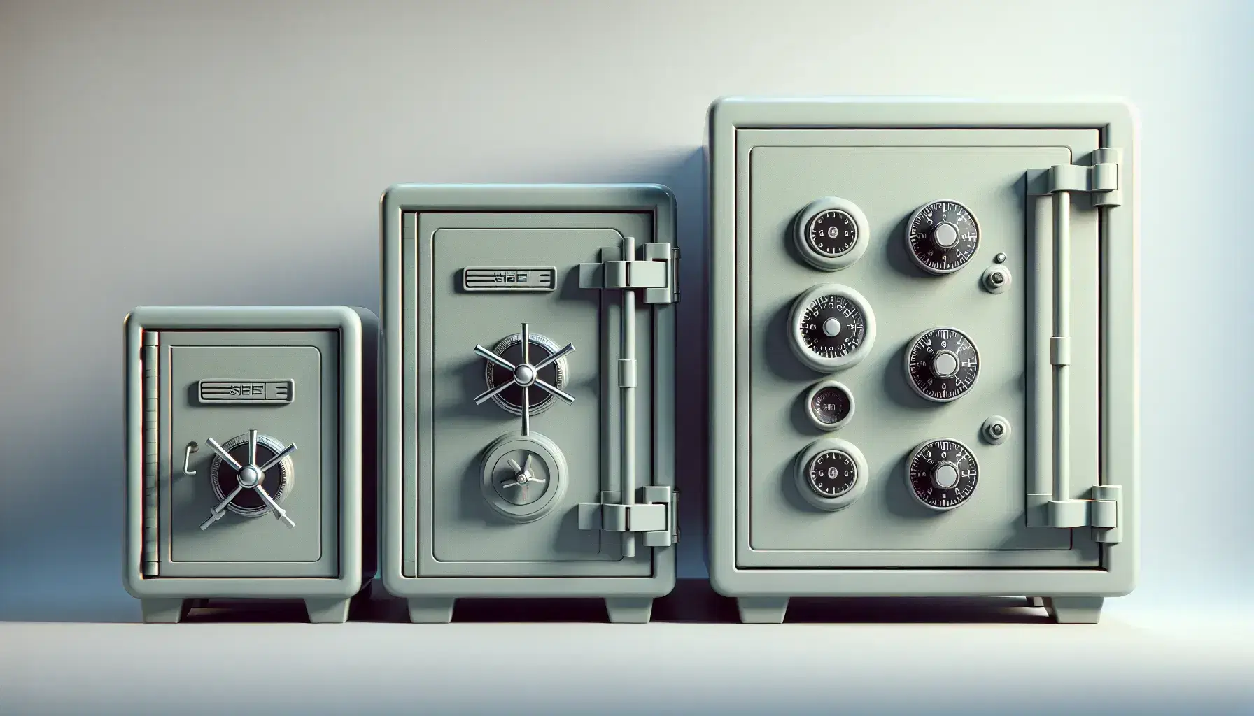 Three safes in a row with increasing security levels: the first with a key lock, the second with a combination and the third with biometrics.