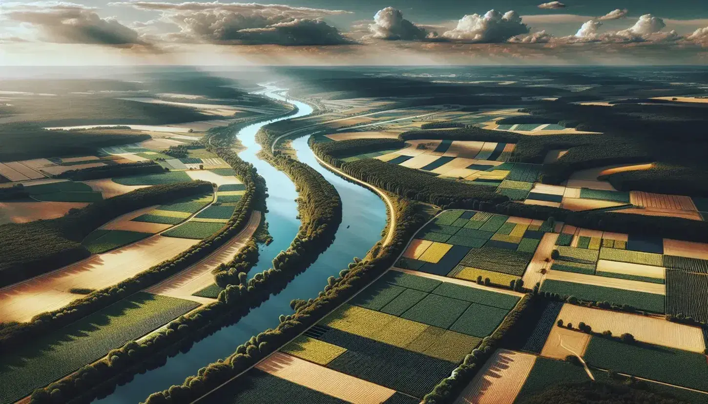 Veduta aerea della campagna francese con campi agricoli geometrici verdi e gialli, fiume serpeggiante, alberi e colline boschive.