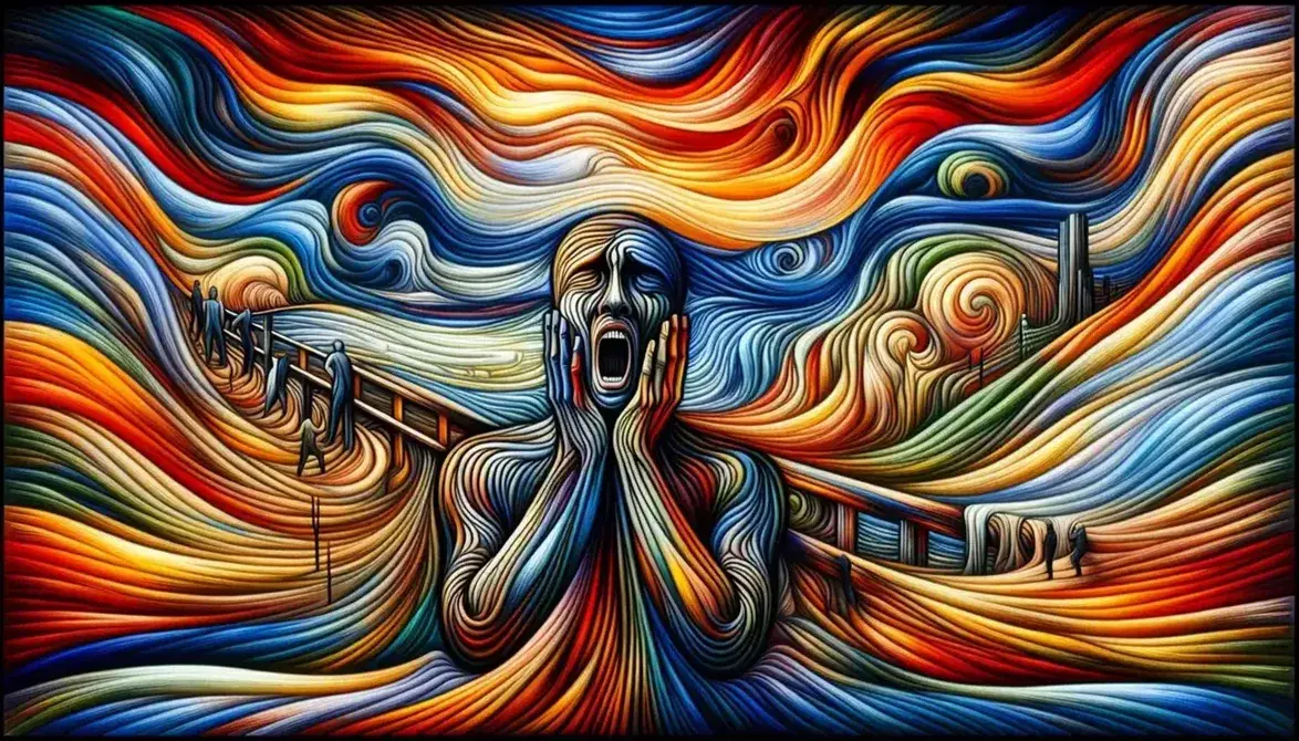 Figura umana centrale con espressione angosciata, mani sul viso, in un paesaggio turbolento dai colori vivaci, senza testi o loghi.