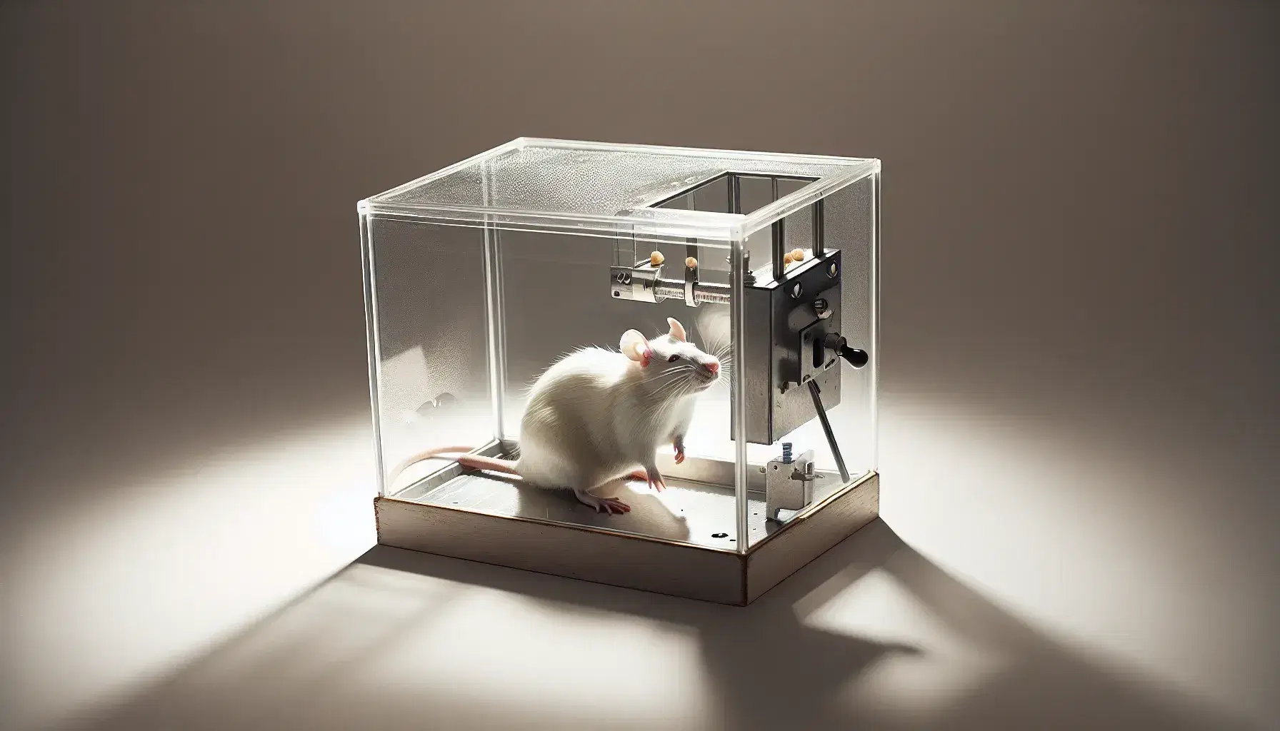 Rata de laboratorio blanca en una caja de Skinner transparente, de pie sobre sus patas traseras y alcanzando una palanca metálica, con un pellet de comida cayendo del dispensador.