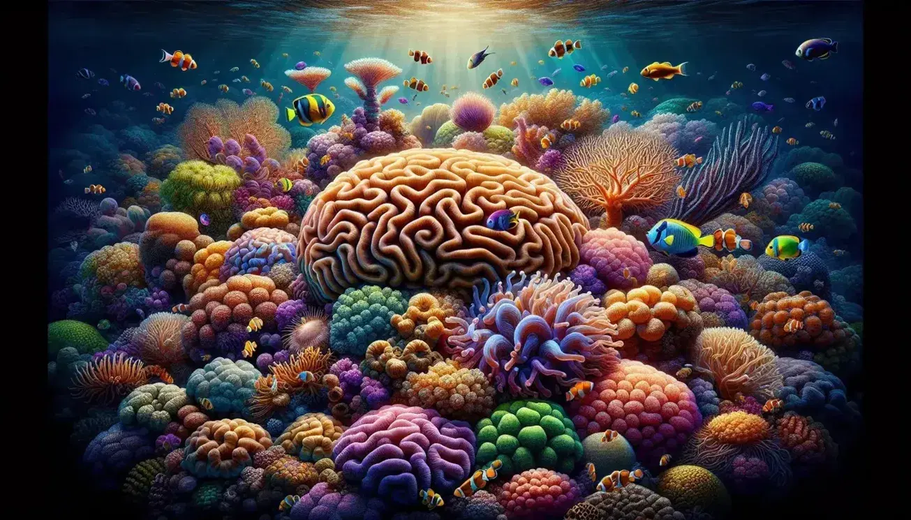 Scena subacquea colorata con corallo cervello, pesci tropicali tra anemoni, stelle marine su fondo sabbioso e scuola di pesciolini argentati.