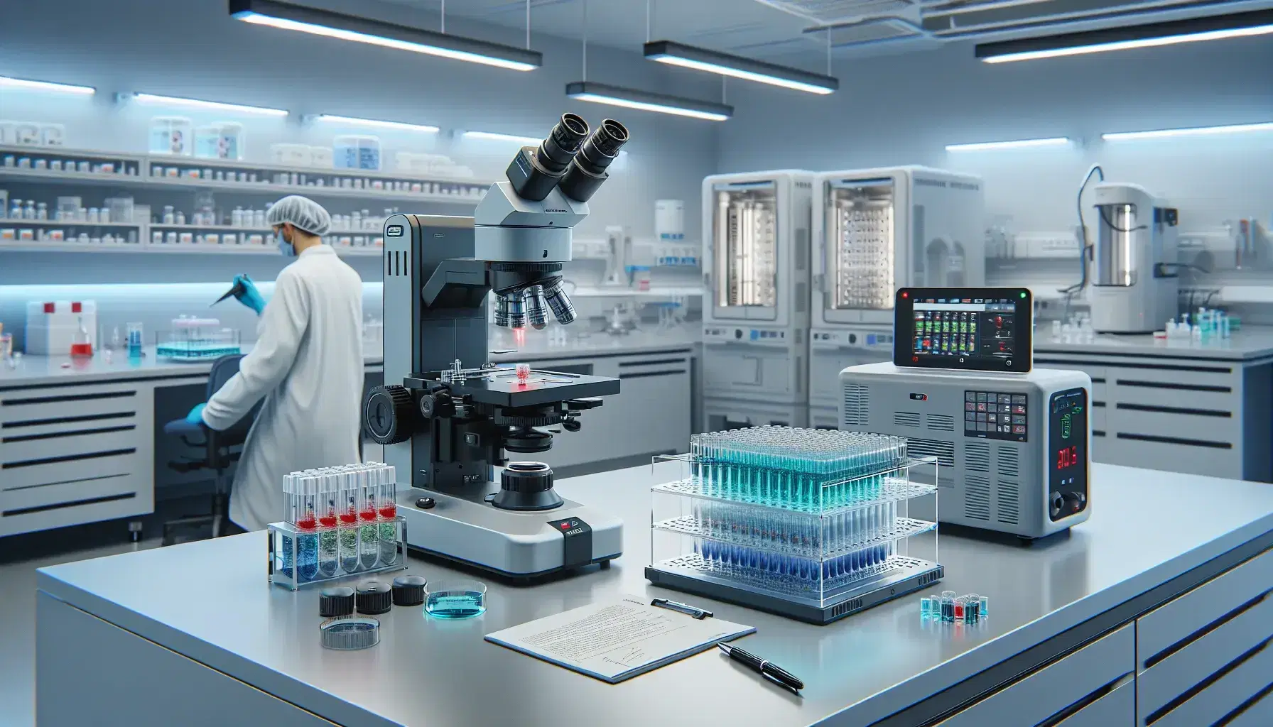 Laboratorio di ricerca biologica moderno con microscopio elettronico, provette colorate, incubatori e ricercatori al lavoro.