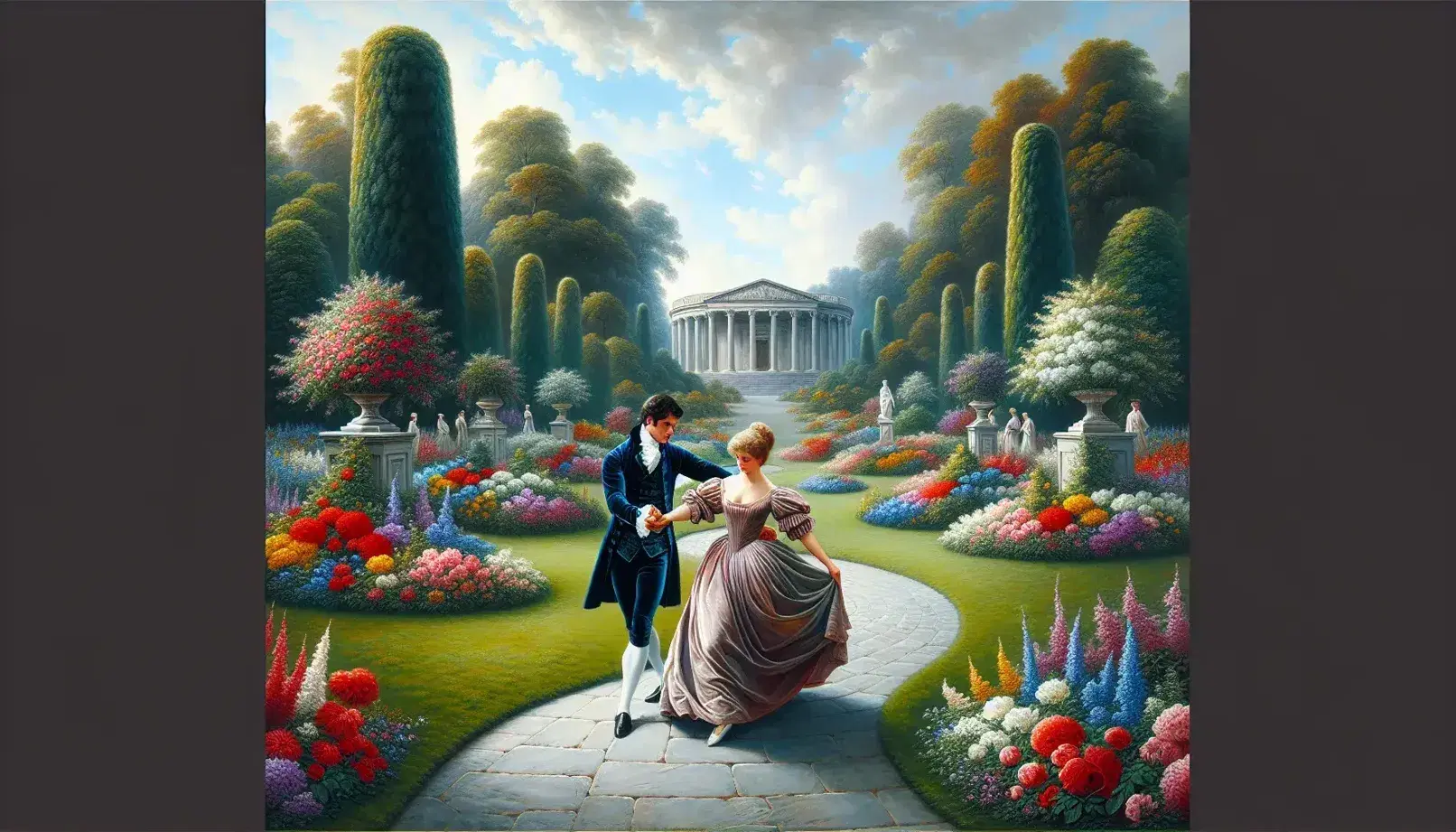 Giardino fiorito con coppia in abiti d'epoca che danza su sentiero, tavolino con libro e rosa, cigno vicino stagno e tempio sullo sfondo.