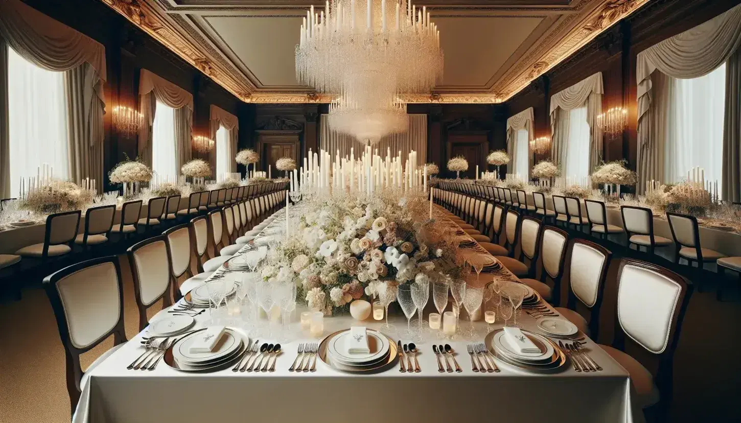 Sala banchetti elegante con tavolo rettangolare imbandito, tovaglia bianca, stoviglie con bordi dorati, cristalleria, candele e composizioni floreali.