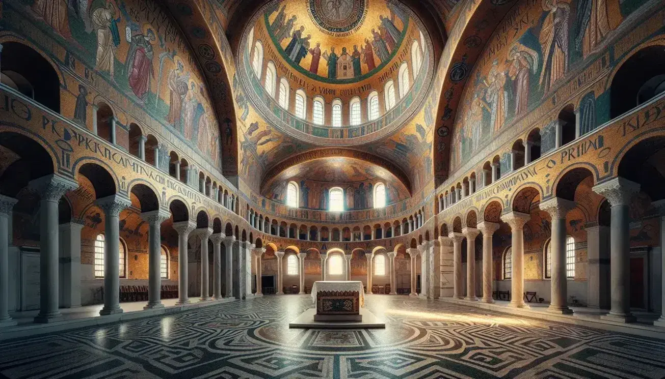 Interno della Basilica di San Vitale a Ravenna con mosaici bizantini, pilastri che sorreggono la cupola e altare decorato.