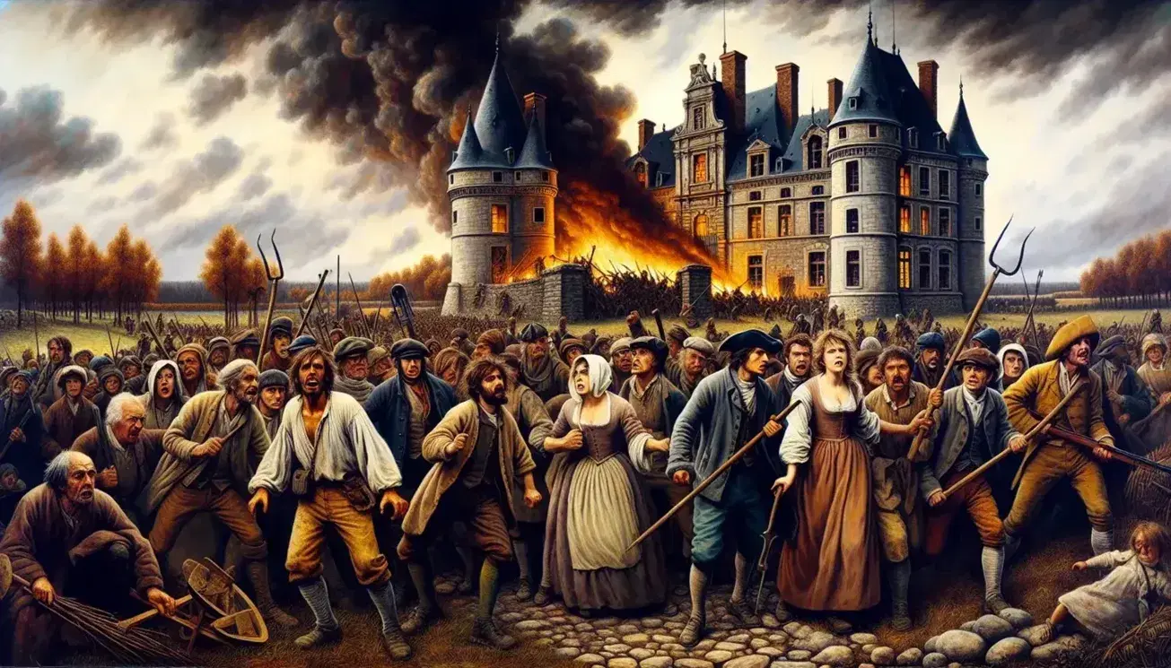 Peasants with pitchforks and scythes express panic and anger near a burning chateau, reflecting the Great Fear during the French Revolution.