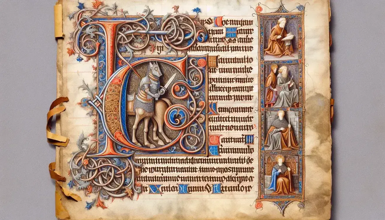 Medieval manuscript page with ornate initial capital, knight on horse, scribe with quill, and castle illustrations on a creamy beige parchment.