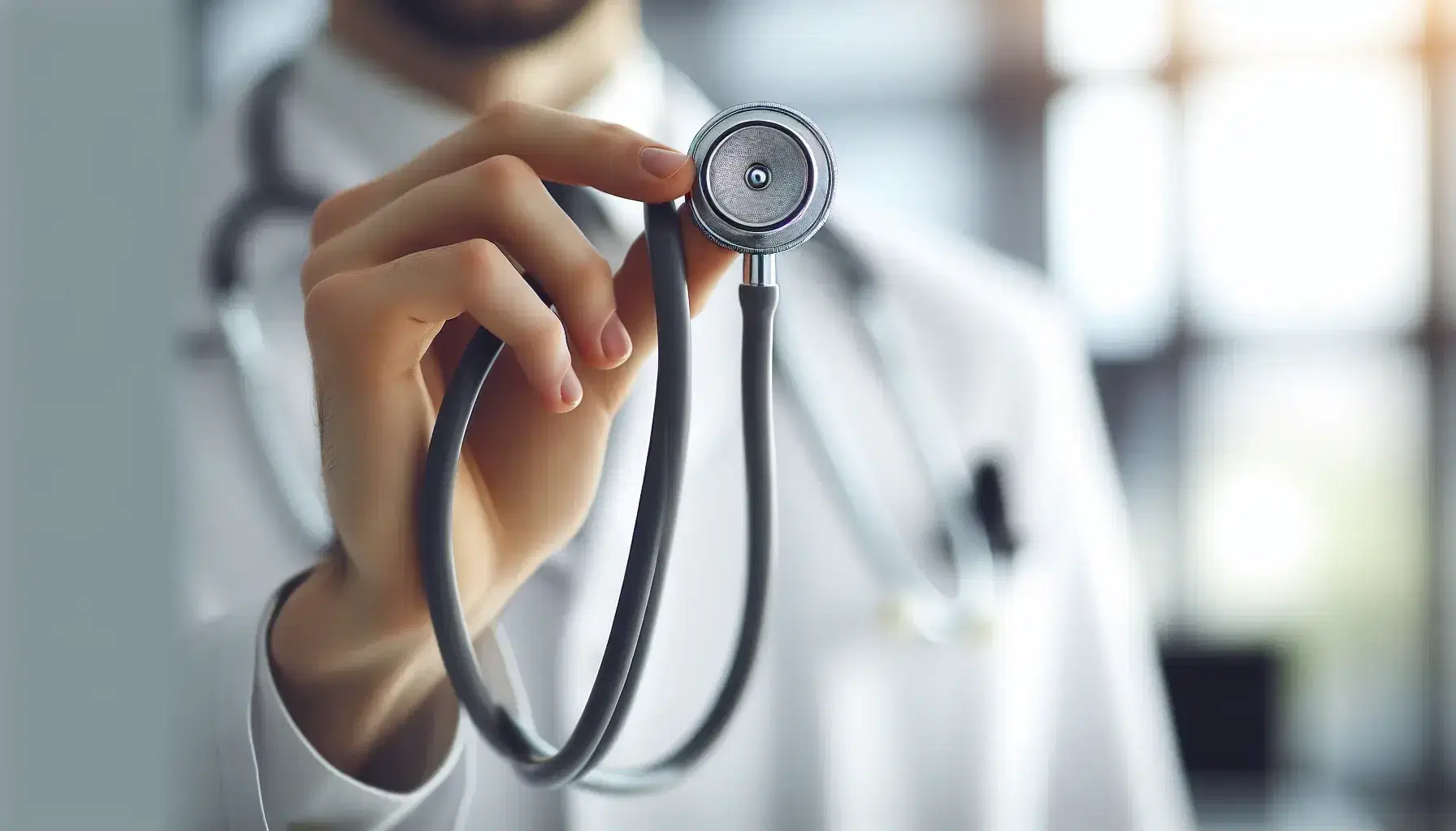 Mano de médico con bata blanca sosteniendo un estetoscopio con auriculares en sus oídos, en un entorno clínico desenfocado que transmite profesionalismo y atención médica.