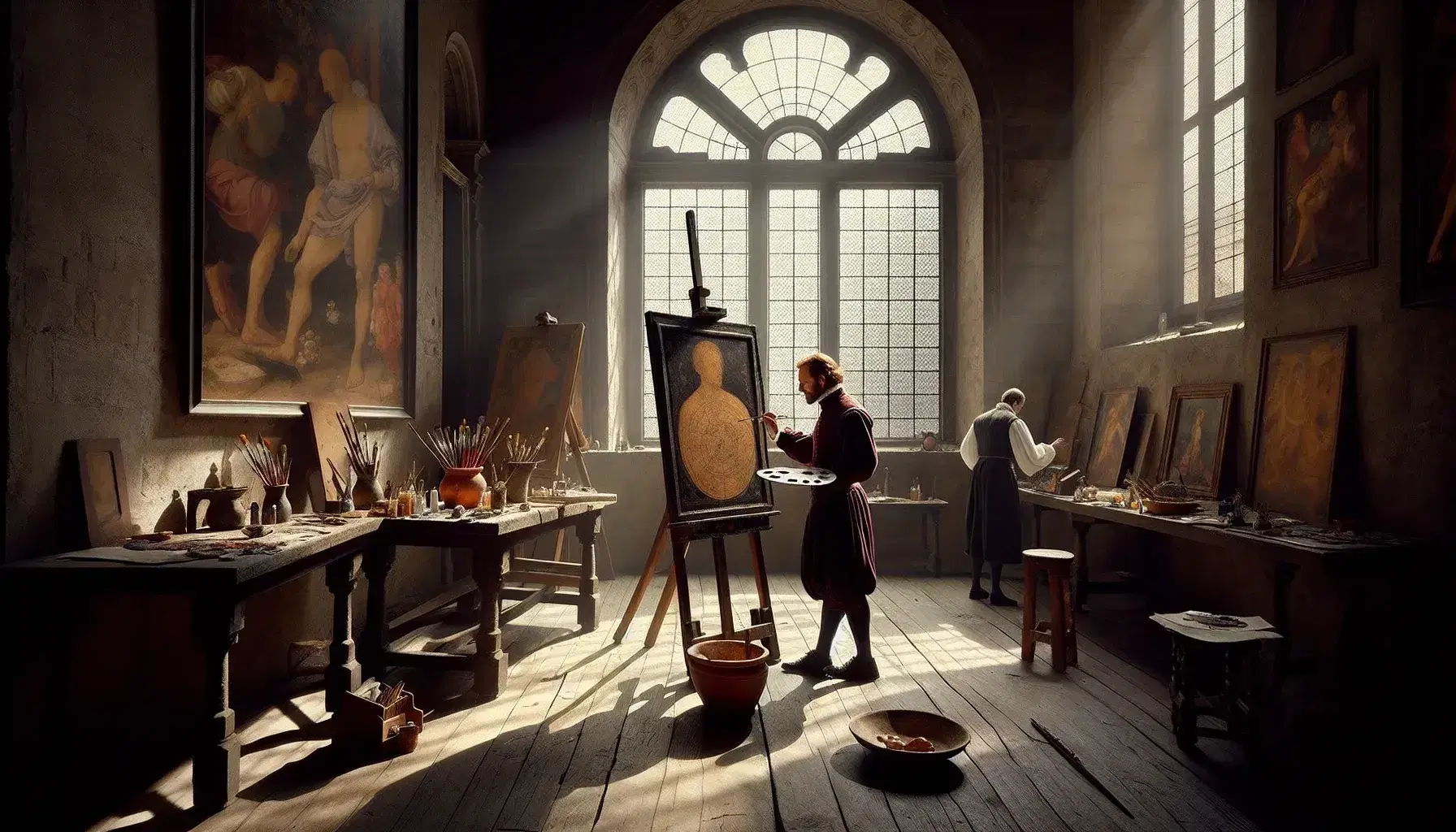 Studio rinascimentale con artista in abiti d'epoca che mescola pigmenti e dipinge su tela, circondato da pennelli, libri e manichino articolato.