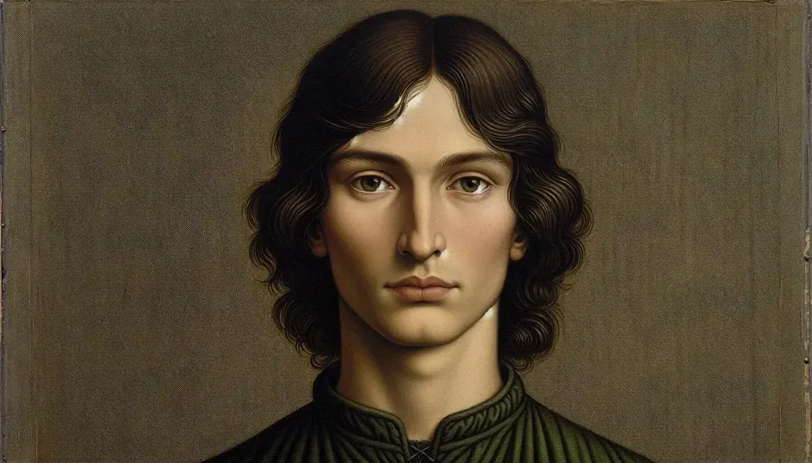 Ritratto olio su tela di artista medievale del XIV secolo con capelli castani, abito verde scuro e volto pallido senza gioielli.