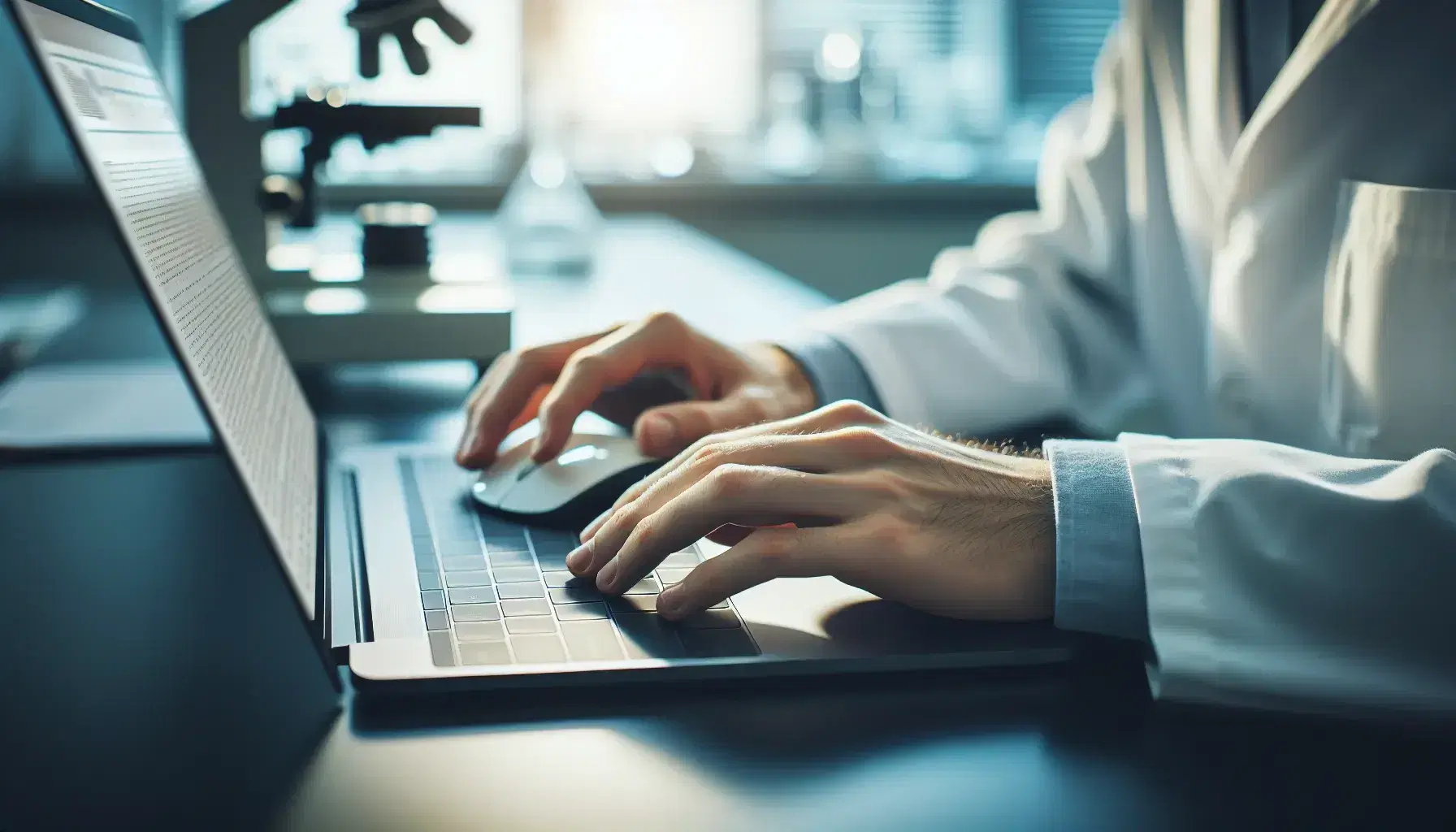 Close-up of the hands of a researcher working on a laptop in the laboratory, wearing a white coat and a blurred background of scientific equipment.