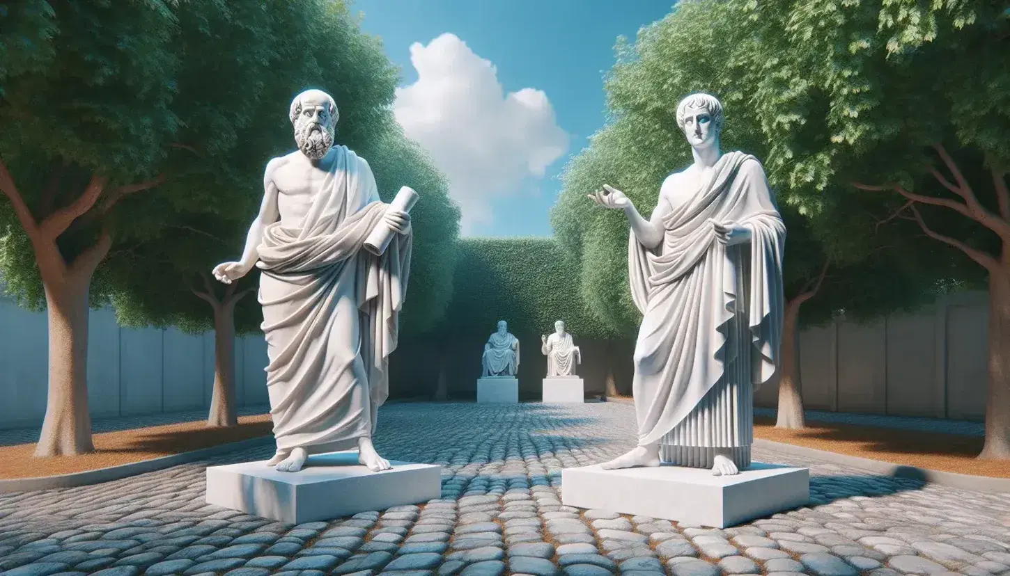 Estatuas de mármol blanco de Platón y Aristóteles en posturas pensativas, sobre pedestales de piedra, con un fondo de hojas verdes y cielo azul.