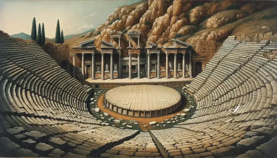 Ancient Greek amphitheater with weathered stone seats and skene columns under a clear blue sky, evoking the time of classic Sophoclean drama.