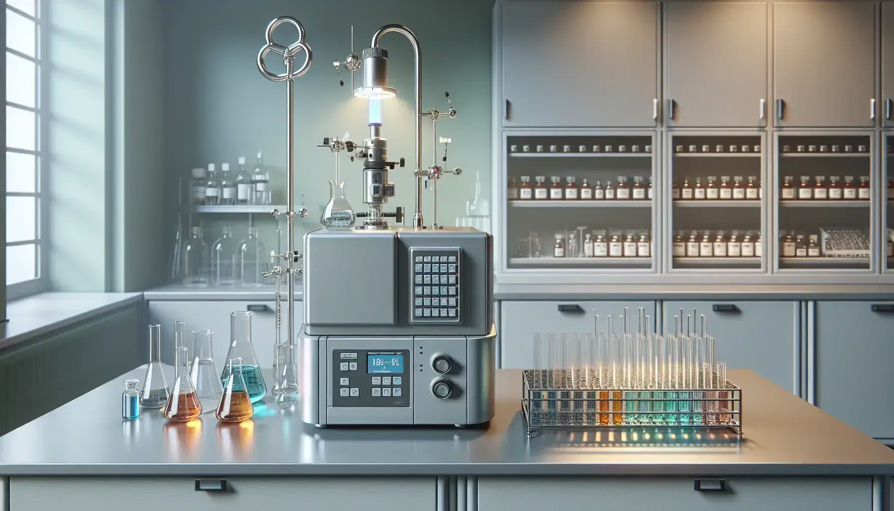 Laboratorio scientifico moderno con spettrofotometro ad assorbimento atomico, provette colorate e fiamma di bruciatore a gas.