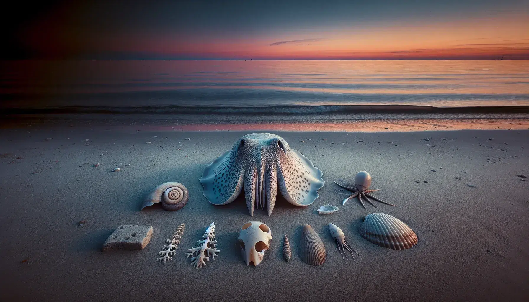 Spiaggia deserta al crepuscolo con conchiglia di seppia su sabbia chiara, mare calmo e cielo colorato al tramonto con uccelli in volo.